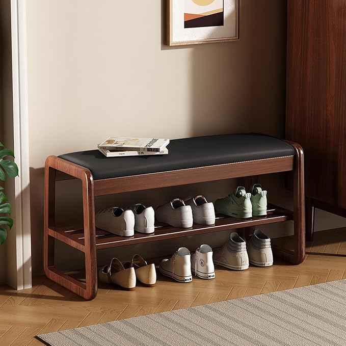 Wooden Shoe Storage Bench with Padded Top Cushion, Two-Tier Wooden Shoe Rack,...