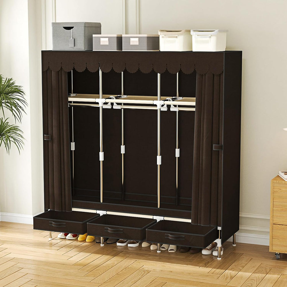 Portable Wardrobe 3 Rods 3 Drawers 3 Compartments Non-Woven Fabric Metal Fram...