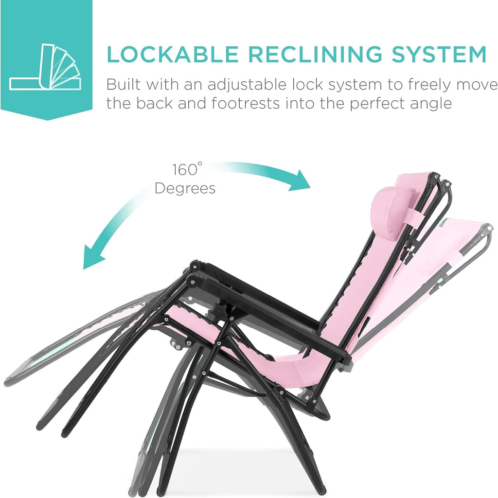Best Choice Products Folding Zero Gravity Outdoor Recliner Patio Lounge Chair w/Adjustable Canopy Shade, Headrest, Side Accessory Tray, Textilene Mesh - Bubblegum Pink