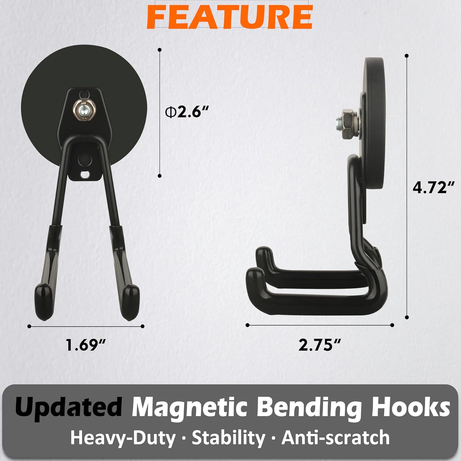 MUTUACTOR New Upgraded Strong Magnetic Hooks,2-Pack Unique Heavy Duty Magnetic Hook for Hanging,20lbs Anti-Scratch Magnet Storage Hook for Storing Cordless Impact Drivers Trailer Cord Garage Tools