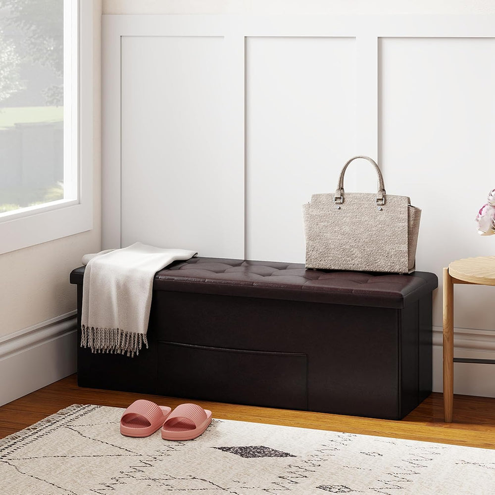 Giantex 43 Inches Folding Storage Ottoman Bench, Upholstered PU Leather Stora...