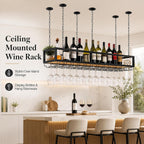 Ceiling Wine Glass Rack - Hanging Wine Rack with Glass Holder and Shelf, Height Adjustable Industrial Hanging Wine Bottle Holder, Black Metal Ceiling Shelf for Bar Cafe Kitchen (47.2×9.8×8.6in)