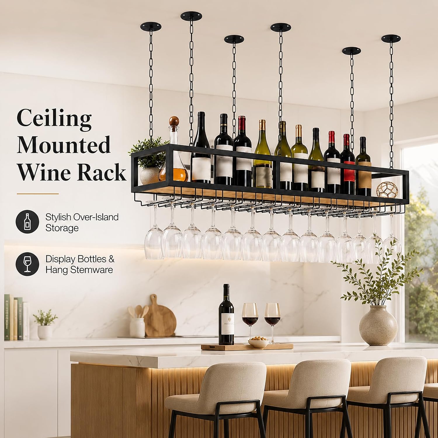 Ceiling Wine Glass Rack - Hanging Wine Rack with Glass Holder and Shelf, Height Adjustable Industrial Hanging Wine Bottle Holder, Black Metal Ceiling Shelf for Bar Cafe Kitchen (47.2×9.8×8.6in)