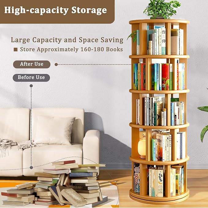 Wood Rotating Bookshelf on Wheels, 360-Degree Space Saving Bookcase, Large Capacity Spinning Bookshelf Tower for Living Room,Bedroom and Corners (Nature-5 Layers)