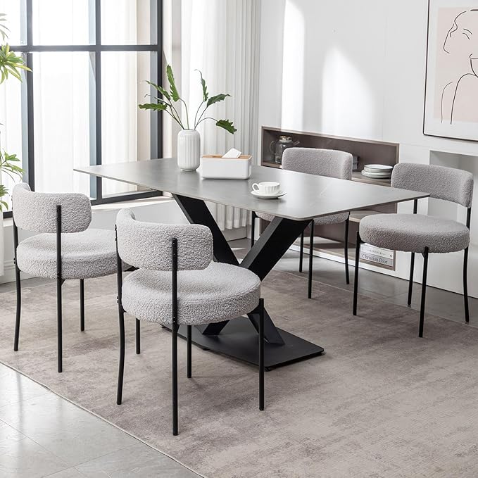 Boucle Dining Chairs Set of 4, Upholstered Dining Room Chairs with Black Metal Legs, Round Modern Dining Chair for Dining Room, Kitchen (Light Grey)