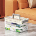 2-Tier Medicine Storage Box with Handle, Clear Plastic First Aid Organizer for Home & Travel, Multi-Compartment Emergency Supplies Container, Family Medicine Box, Pill Bottle Organizer