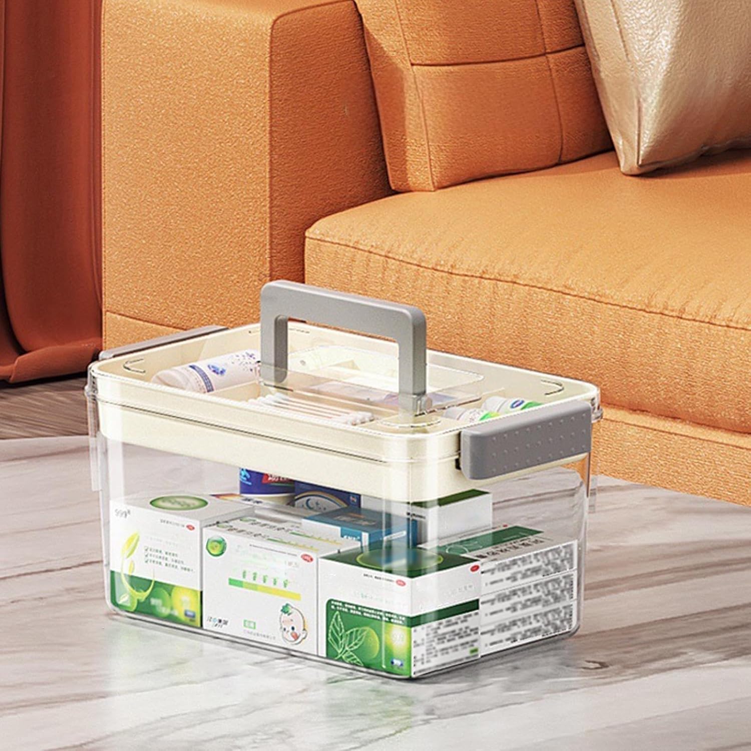 2-Tier Medicine Storage Box with Handle, Clear Plastic First Aid Organizer for Home & Travel, Multi-Compartment Emergency Supplies Container, Family Medicine Box, Pill Bottle Organizer