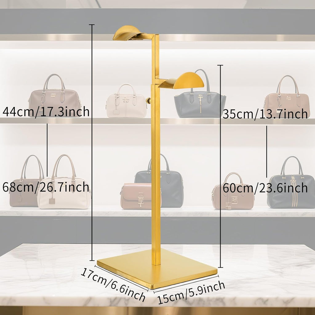 Two Tiers Handbag Display Stands - 2PCS Stainless Steels Purse Stand Holder Adjustable Height Purse Display for Retail Luxury Bag Organizer Home Store Boutique Retail Closet Gold Color