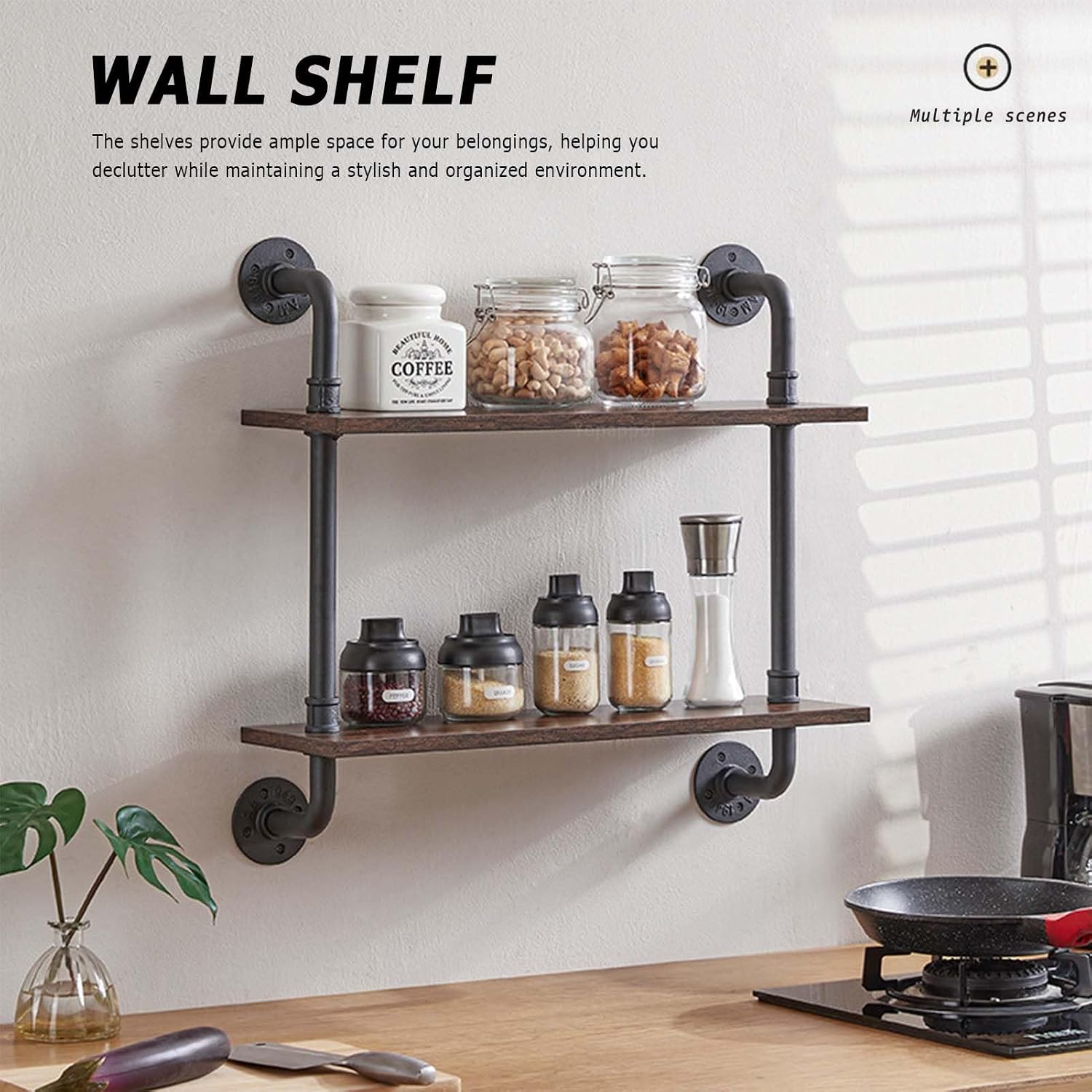 Industrial Pipe Wall Mounted Shelf with Large Storage 3 Tiers Plant Stand and Wooden Bookshelf Display Unit for Home Décor Ideal for Bedroom Living Room and Bathroom 120X25X10,100x25x65cm