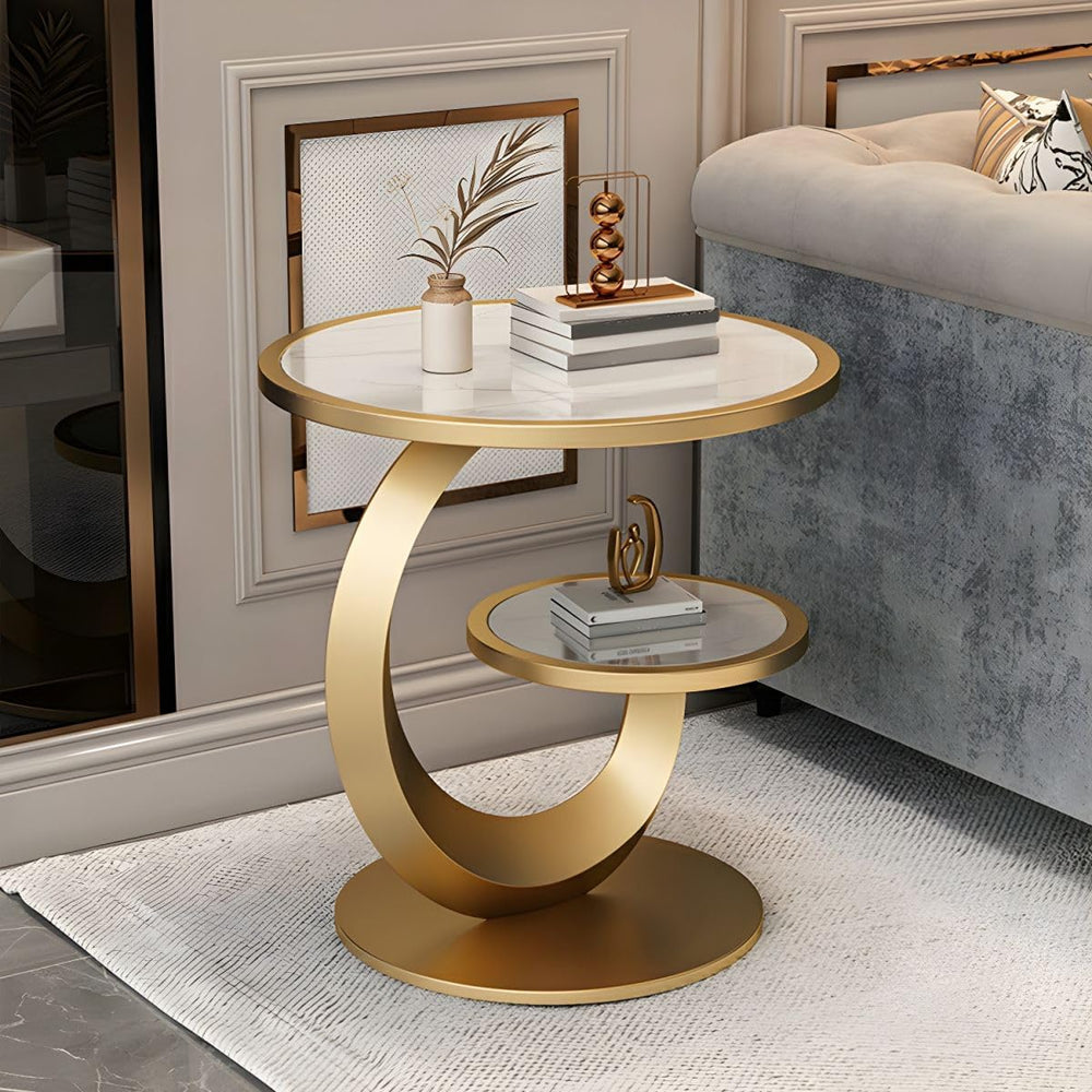 Round Stone Top Side Table with Storage Shelf - Modern End Table for Living R...