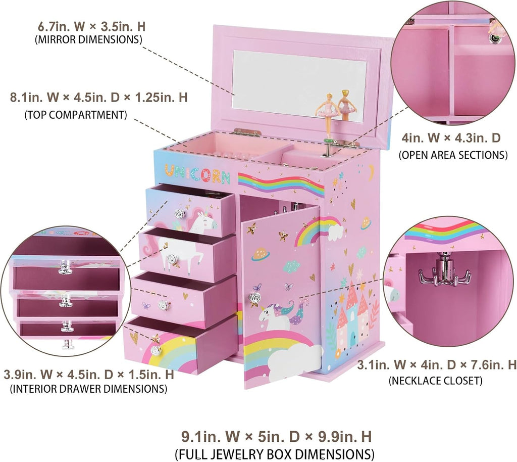 Jewelry Box for Girls 5-Layer with Swing Door Spinning Ballerina Unicorn &Castle Design Unicorn Jewelry Set Included Kids Music Box for Little Girls Birthday Christmas Gift (Pink & Blue)