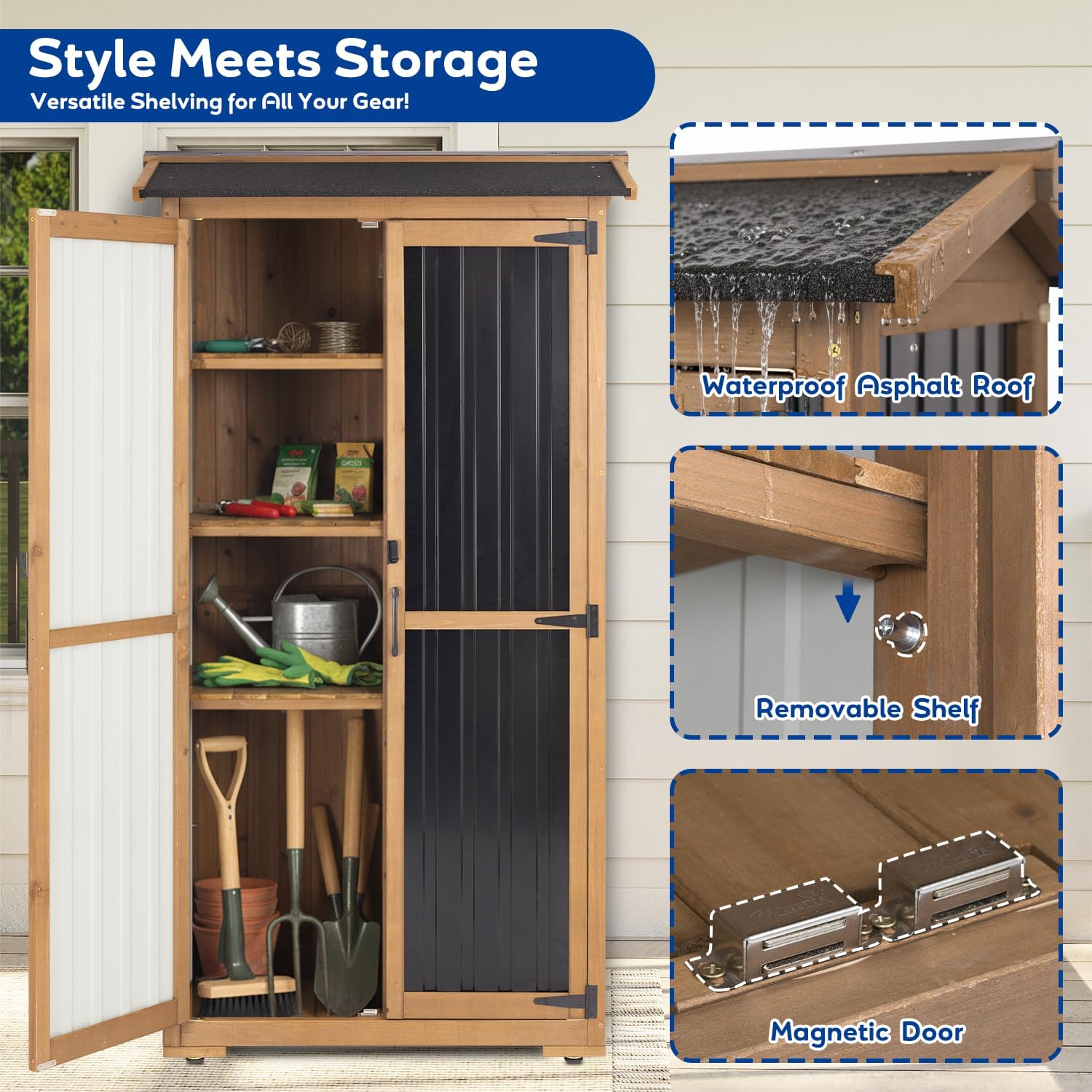 Outdoor Storage Cabinet Weather-Resistant, Wood & Metal Storage Shed with 3 Removable Shelves, Waterproof Roof, Adjustable Feet, Patio Storage Cabinet Outside for Garden Garage Backyard Pool