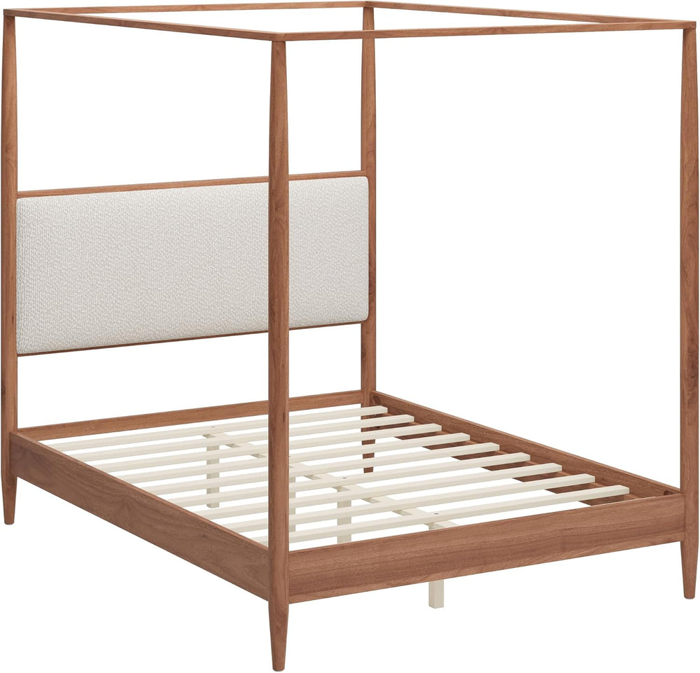 SOFTSEA Queen Size Wood Canopy Bed with Upholstered Headboard, Walnut