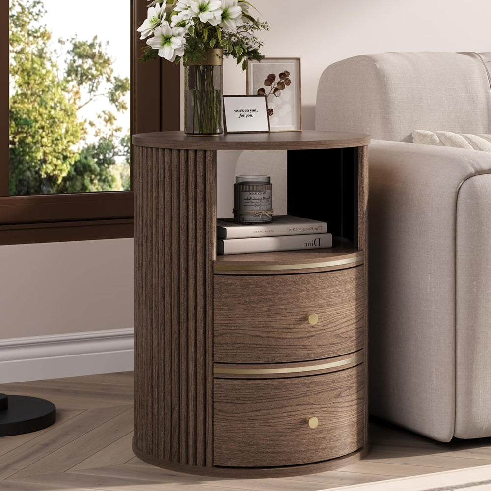 JOINICE Round End Tables Living Room, Fluted End Table with 2 Drawers and Ope...