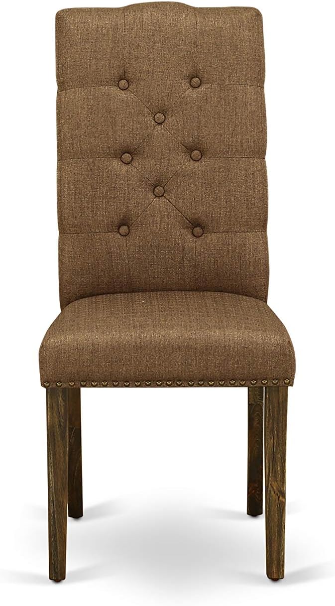 East West Furniture F2EL5-718 5 Piece Kitchen Table & Chairs Set Includes a Round Dining Table with Pedestal and 4 Brown Linen Linen Fabric Parson Chairs, 48x48 Inch, Distressed Jacobean