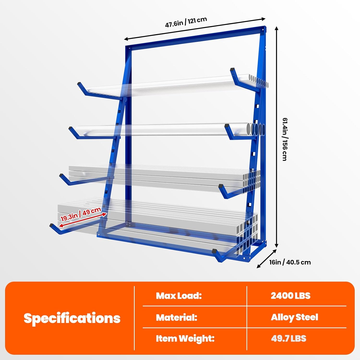 48x16x62'' Heavy Duty 4 Tiers Horizontal Lumber Storage Rack, 2400lbs Load Alloy Steel Lumber Pipe Organizer Shelf, Adjustable Bar Storage Cantilever Rack for Garage Workshop, Woodworking Shop