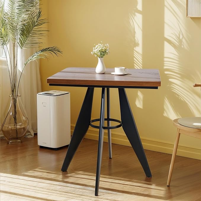 Square Cafe Table - 27.6" Pine Wood Top, Metal Frame, 28.15" High, Modern Industrial Dining Table for Kitchen, Home Office, Bistro, Compact for Space Saving, Black Base Brown Top