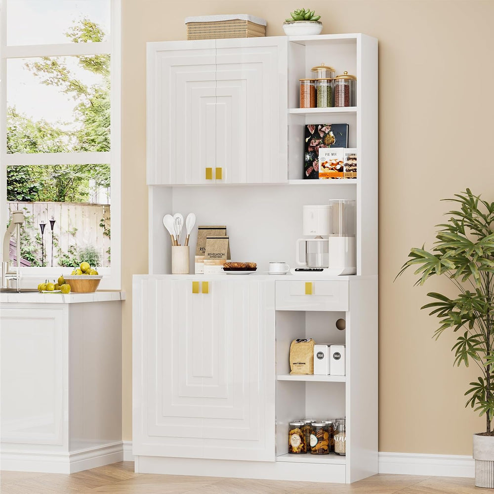 White Kitchen Pantry Cabinet, 71" Hutch Cabinet with Countertop & Po...
