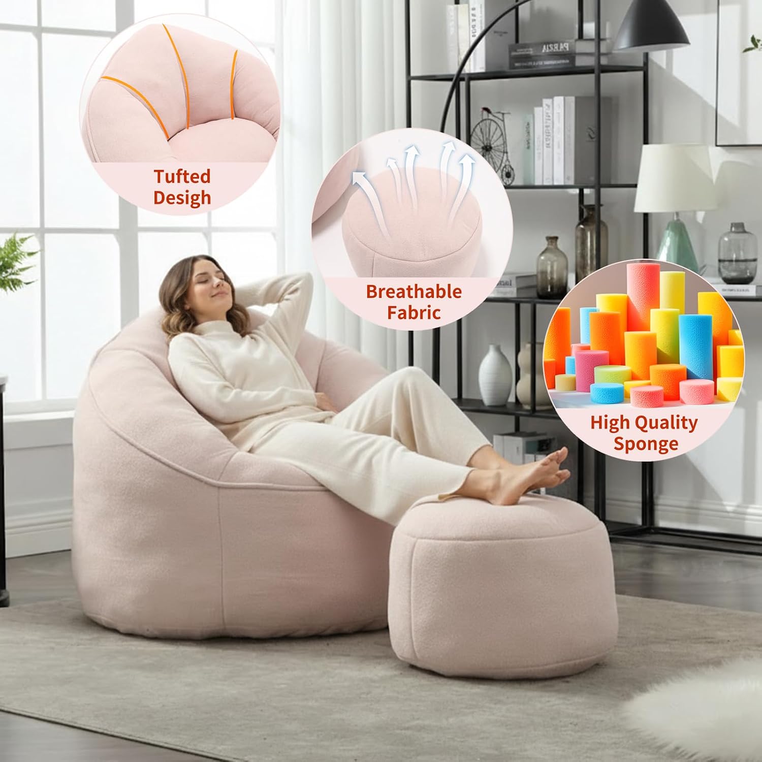 Bean Bag Chairs, Gaint Bean Bag Couch with Memory Foam for Adults and Kids, Microfiber Upholstered Sofa with Ottoman, Comfy Lazy Bean Bag Reading Chair for Living Room