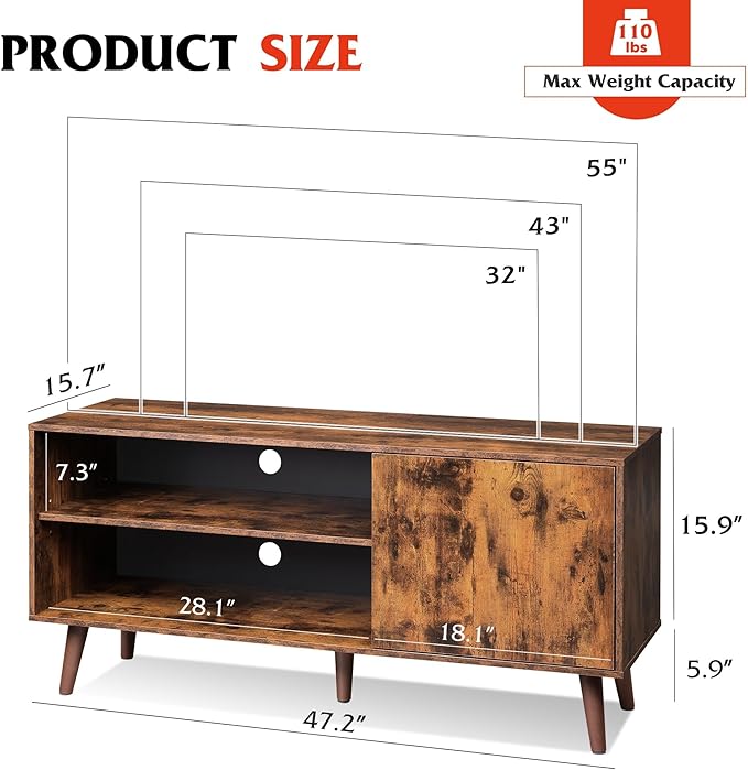 WLIVE TV Stand for 55 Inch TVs, Entertainment Center with Storage Cabinet, Mid-Century TV Stands for Living Room and Bedroom, 50" TV Console, Brown | with Storage Cabinet, Mid-Century, TV Stands, 50" TV Console