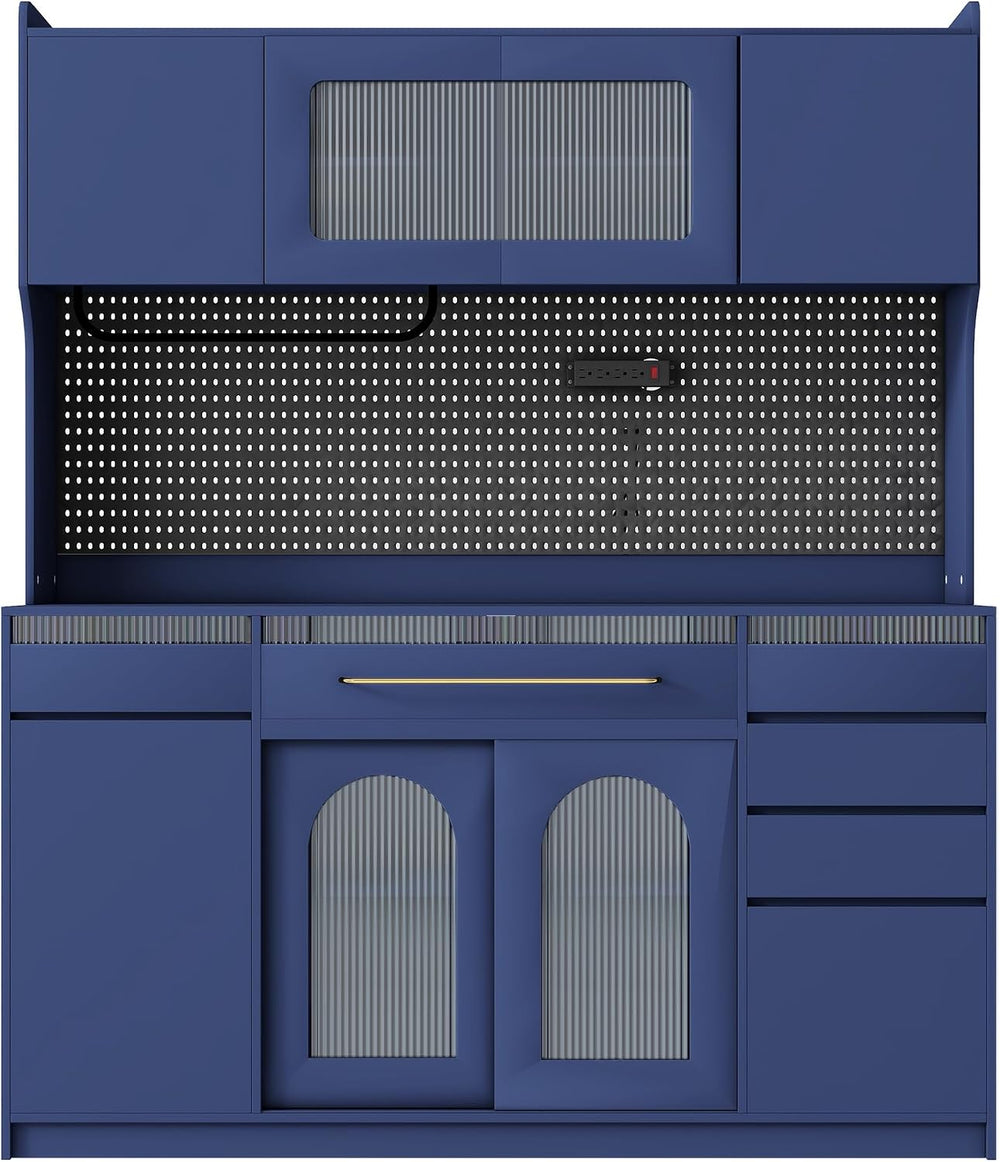 SOFTSEA Tall Kitchen Pantry with Hutch and 6 Drawers, Large Coffee Bar Storag...