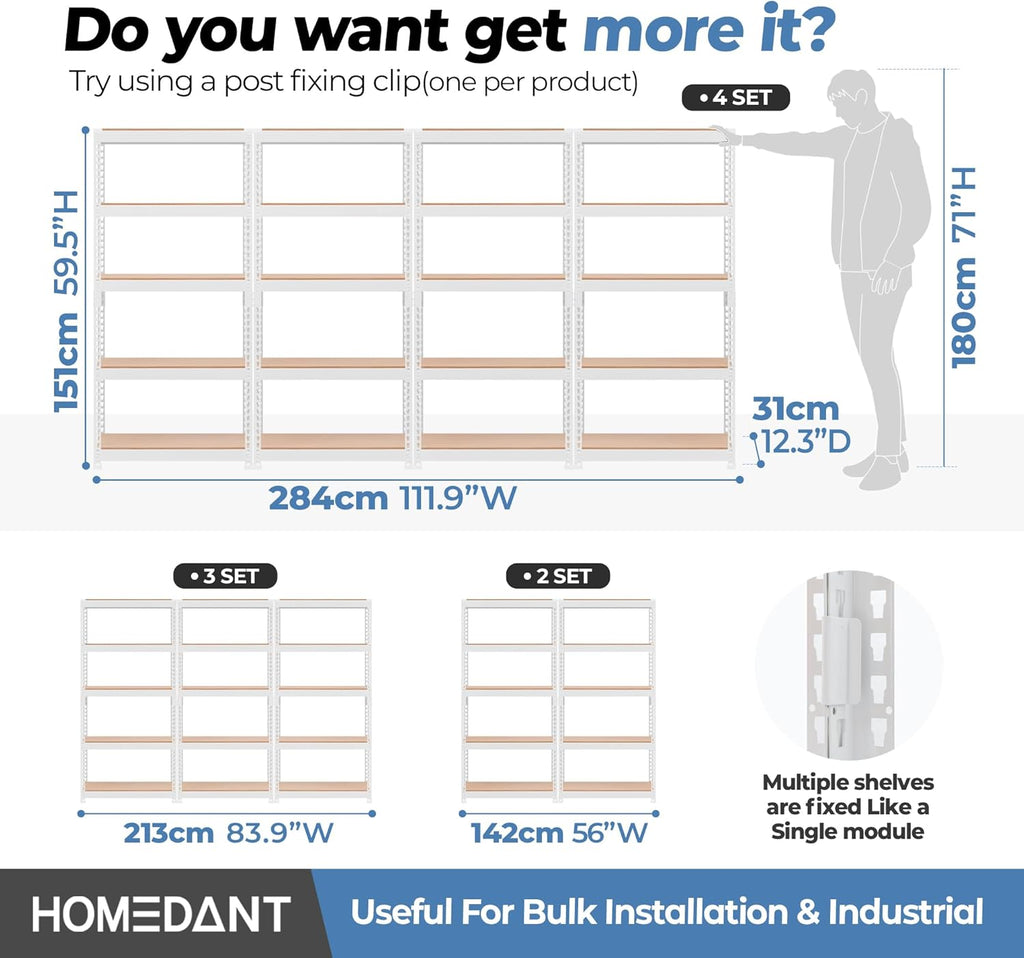 HOMEDANT 5 Tier Laminated White Boltless Metal Shelving Unit Adjustable Garage Storage Utility Rack Heavy Duty Shelves Organization Multipurpose Shelf Warehouse Pantry 28" W x 12.3" D x 59.5" H 2Pack