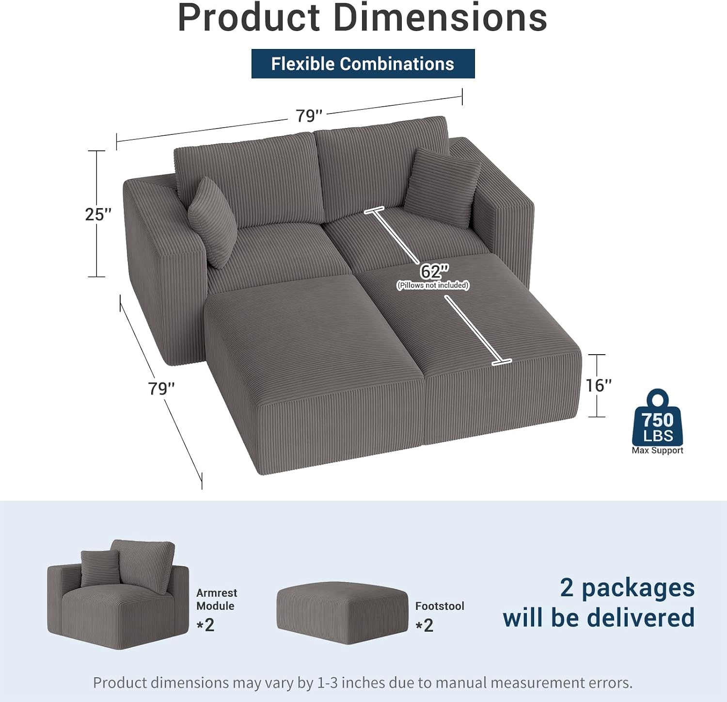 Modular Sleeper Sofa Bed Modern Sectional Couches for Living Room - 79" Boneless Cloud Couch - No Assembly Required Corduroy Convertible Sponge Compression Sofas with Chaise for Home House(Grey)