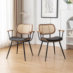 Rattan Dining Room Chairs Set of 4,Mid Century Modern Kitchen Side Chairs,Metal Legs Desk Chair,Faux Leather Accent Chair with Arms and Rattan Backrest Black PU
