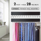 2-Pack Tie Rack Wall Mounted, Wooden Belt Hanger Tie Organizer for Closet with 28 Folding Hooks, Space Saving Tie Holder and Belt Rack for Closet Wall Mount, Black