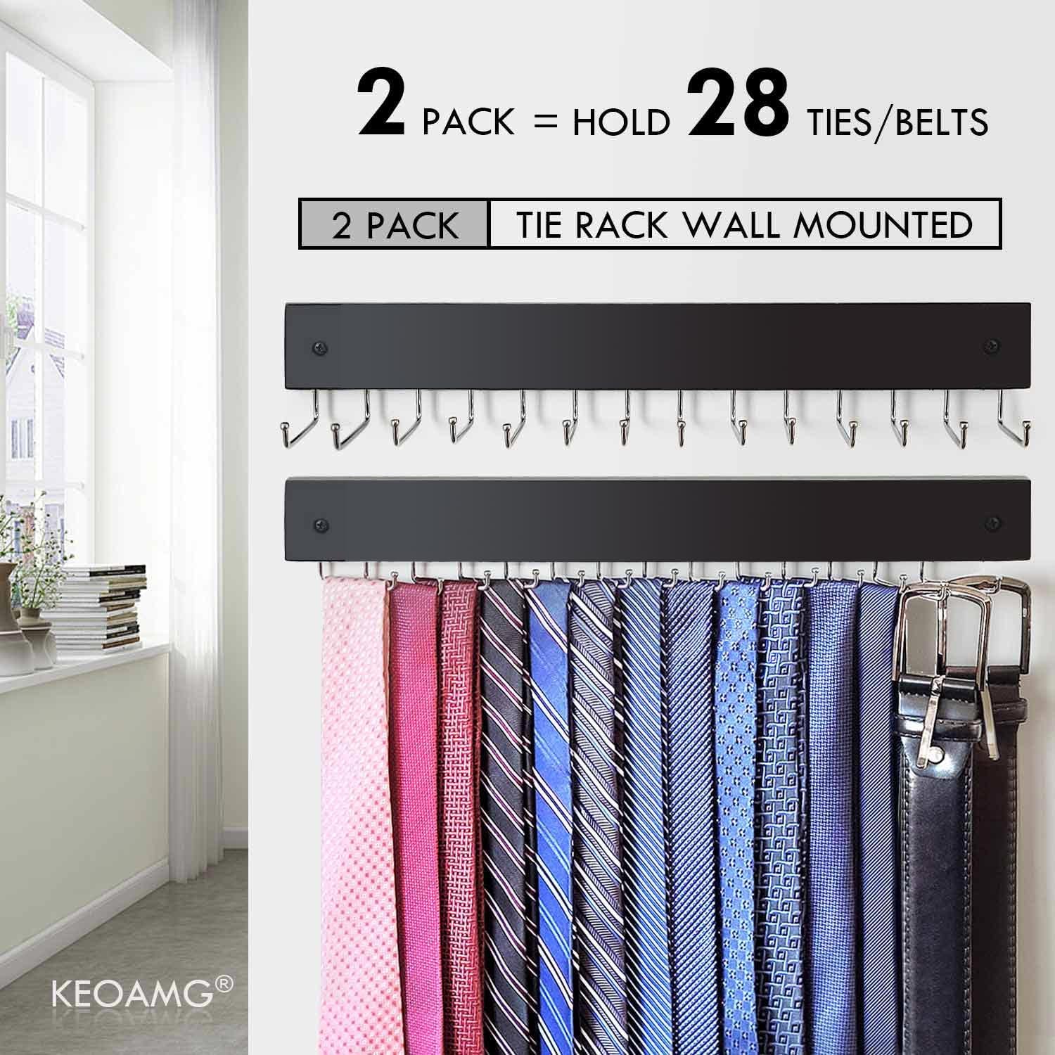 2-Pack Tie Rack Wall Mounted, Wooden Belt Hanger Tie Organizer for Closet with 28 Folding Hooks, Space Saving Tie Holder and Belt Rack for Closet Wall Mount, Black