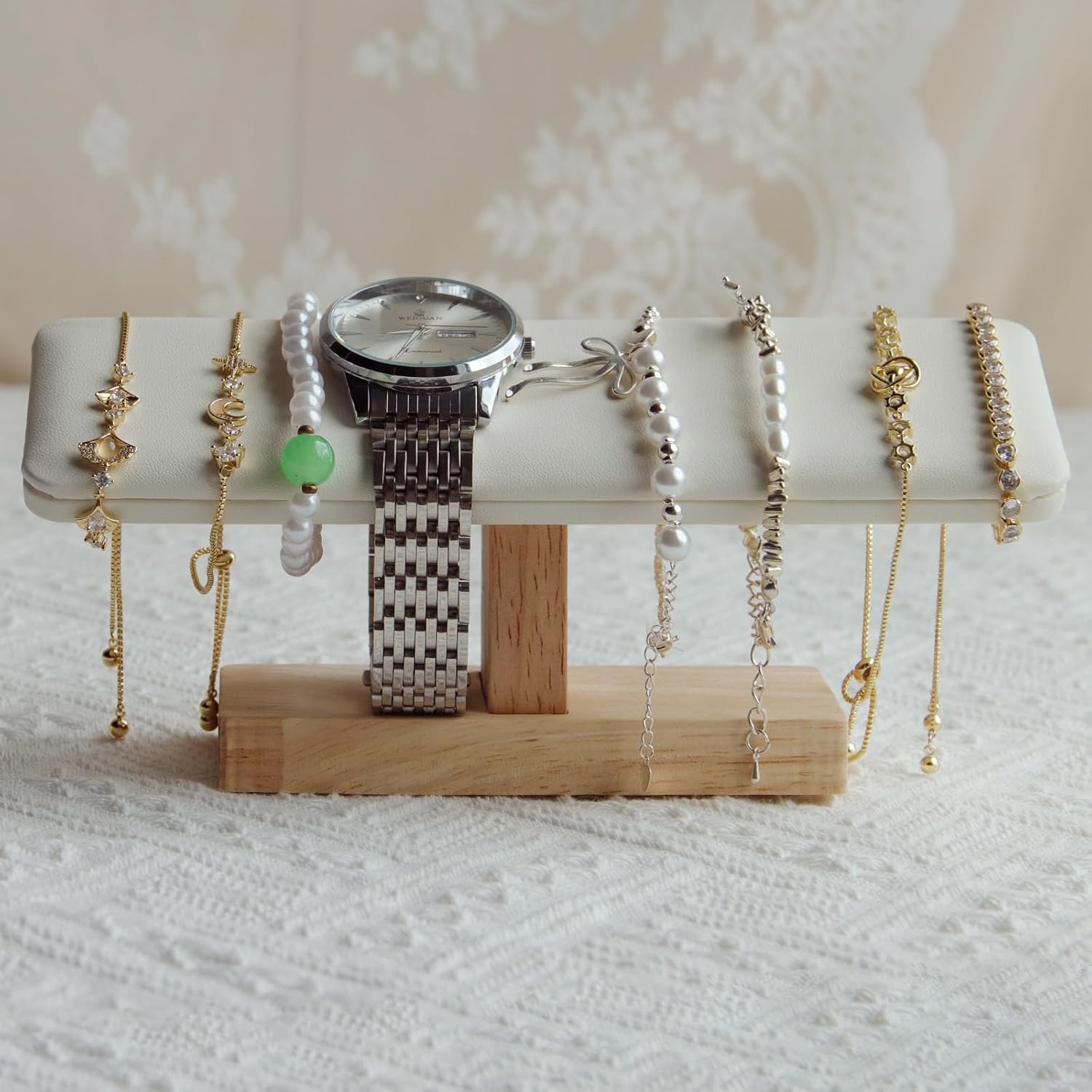 Wooden Watches Display Stands Base Watch Necklace Bracelet Organizer Rack Bangle Scrunchie Headband Showcase Stands Exterior Beige PU