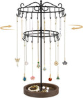 MODOWEY Rotating Necklace Holder Stand Organizer, 2 Tier Adjustable Extra Tall Metal Display Tree with Wooden Tray, 42 Hooks Pendant Hanger for Women Men, Stylish and Secure Jewelry Rack, Black