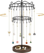 MODOWEY Rotating Necklace Holder Stand Organizer, 2 Tier Adjustable Extra Tall Metal Display Tree with Wooden Tray, 42 Hooks Pendant Hanger for Women Men, Stylish and Secure Jewelry Rack, Black