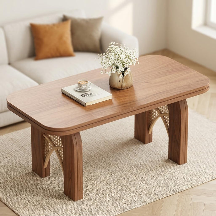 Boho Coffee Table for Living Room, 39 Inch Rattan Woven Cane Coffee Table with Arched Legs, Mid Century Modern Rectangle Wood Center Table for Small Spaces, Apartment, Walnut Brown