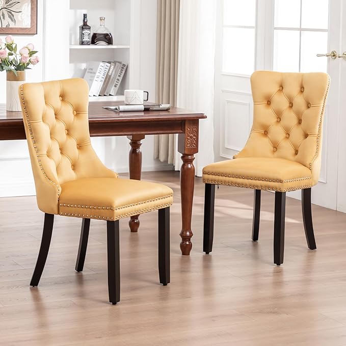 Velvet Dining Chairs Set of 6, Tufted Dining Room Chairs with Nailhead Ring Pull Trim, Upholstered Dining Chairs with Solid Wood Legs for Kitchen Dining Room (Gold)