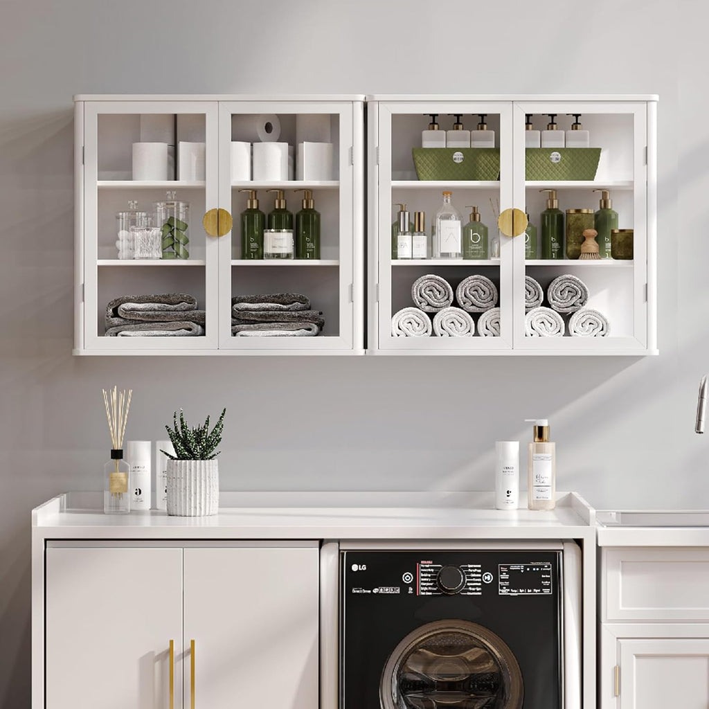 NEWOWNDS 58" W Wall Storage Cabinets for Laundry Room with Tempered Glass | Floating Hanging Wall Mounted Storage Cabinets for with Adjustable Shelf for Bathroom,Kitchen,Garage,White,Curved Edges