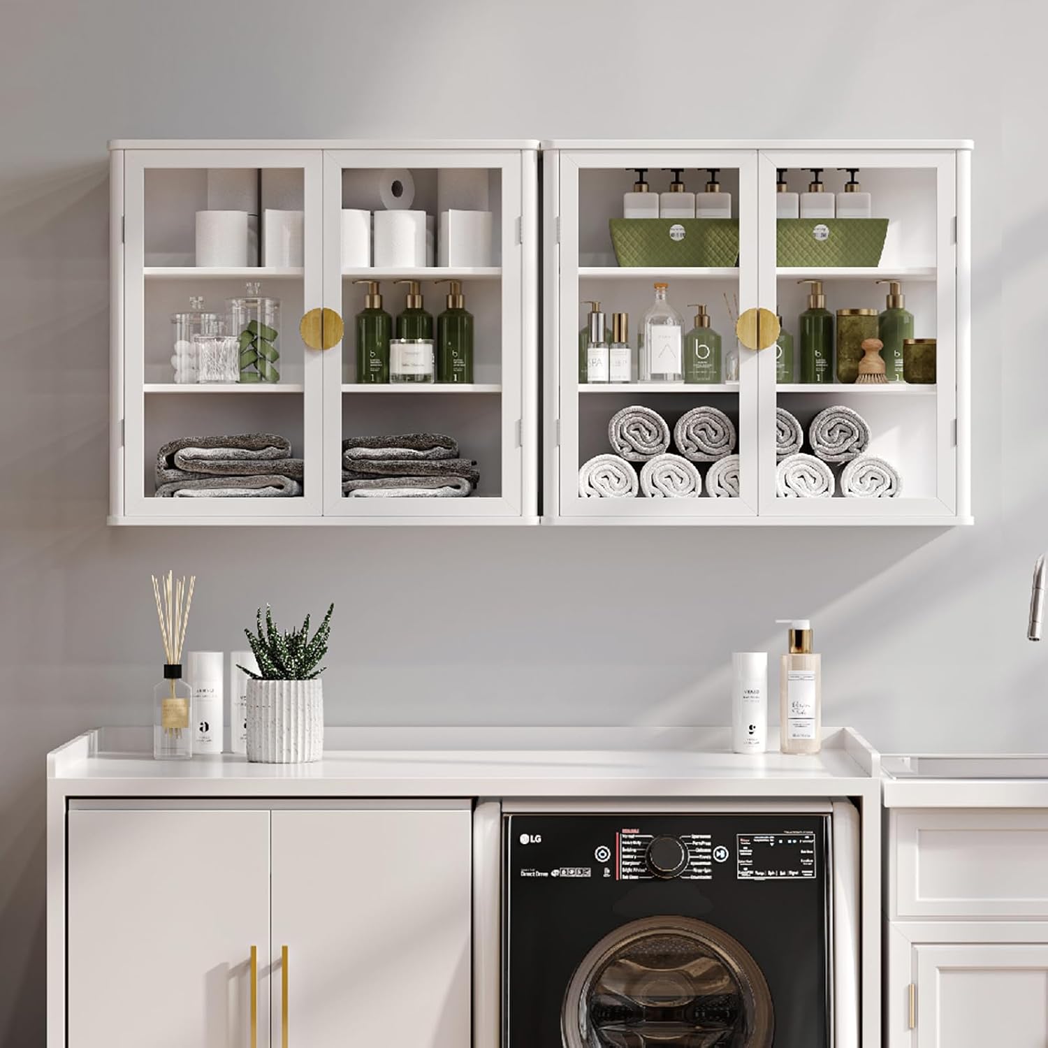 NEWOWNDS 58" W Wall Storage Cabinets for Laundry Room with Tempered Glass | Floating Hanging Wall Mounted Storage Cabinets for with Adjustable Shelf for Bathroom,Kitchen,Garage,White,Curved Edges