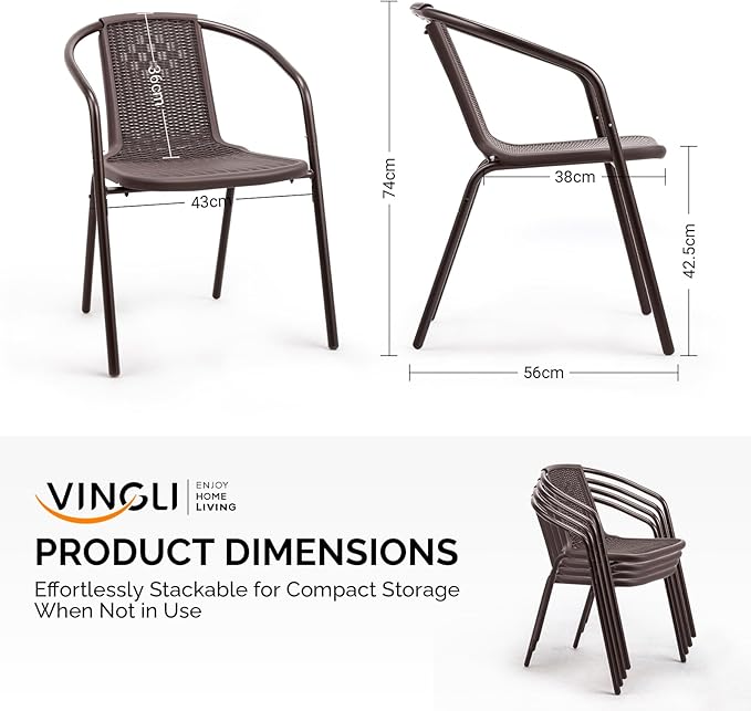 VINGLI Plastic Stackable Patio Chairs, Set of 4, Brown