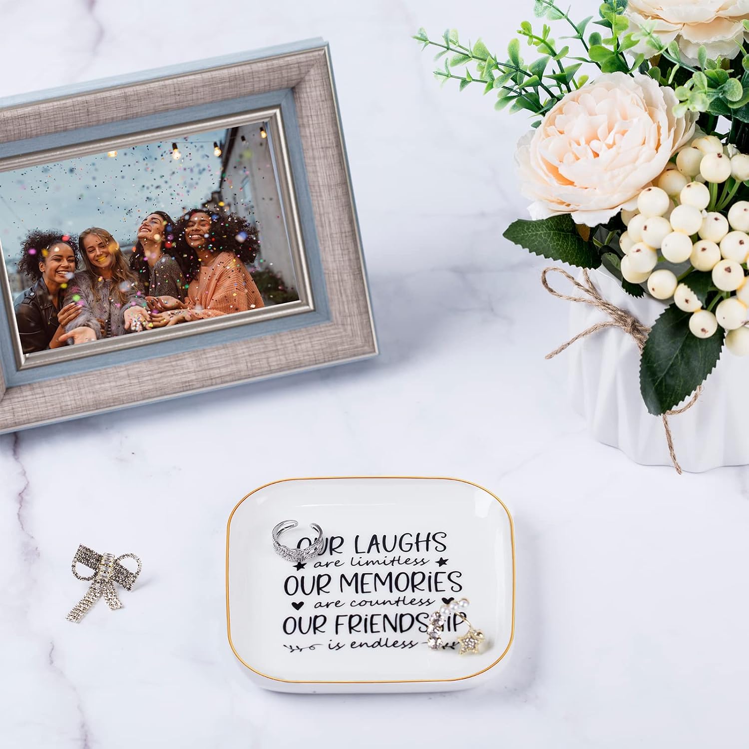 Piudee Friendship Gifts for Women Best Friend Jewelry Dish, Our Laughs are Limitless, Our Memories are Countless, Our Friendship is Endless Unique Gifts for Women, Female Friend Birthday Christmas