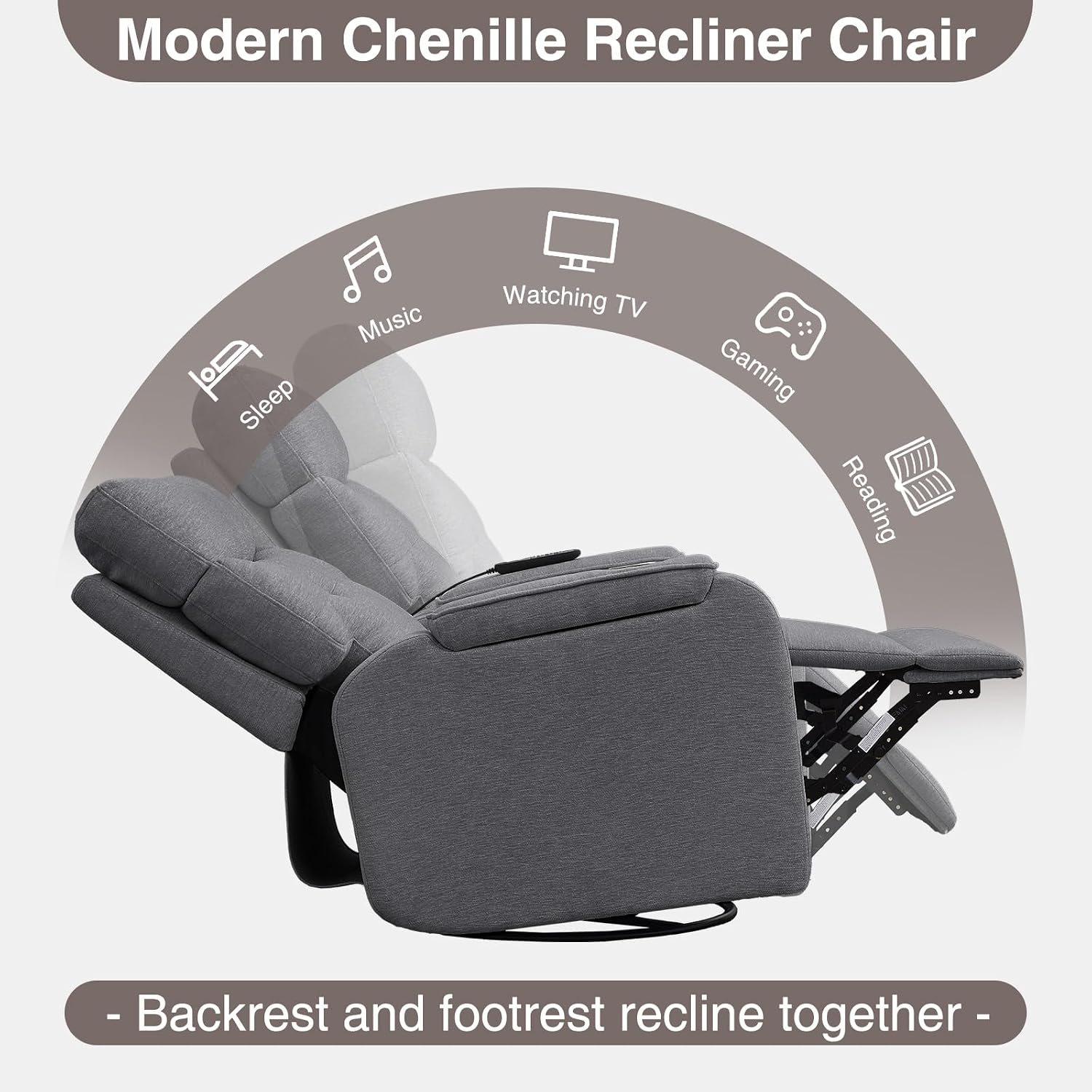 Power Swivel Rocker Recliner with Massage&Heat,Swivel Glider Recliner Chair | Nursery Rocking Recliner with Type-C Port&Timing,Power Swivel Reclining Glider Chair with Dual Storage Arms&Cup Holder Grey