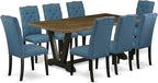 East West Furniture V677EL121-9 9 Piece Dining Set Includes a Rectangle Dining Room Table with V-Legs and 8 Blue Linen Fabric Upholstered Parson Chairs, 40x72 Inch, Multi-Color