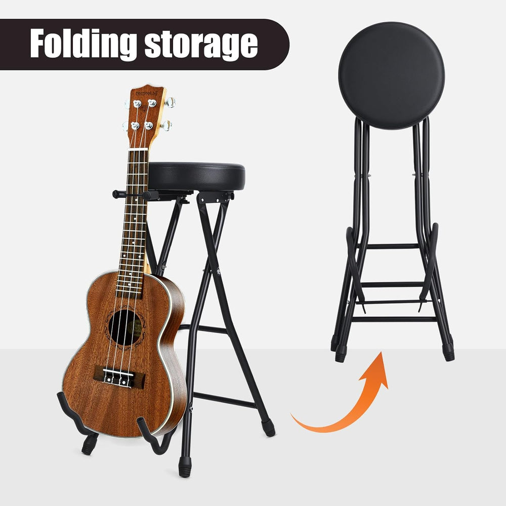 Guitar Stool, Foldable Padded Seat with Built-in Stand & Footrest, Retrac...