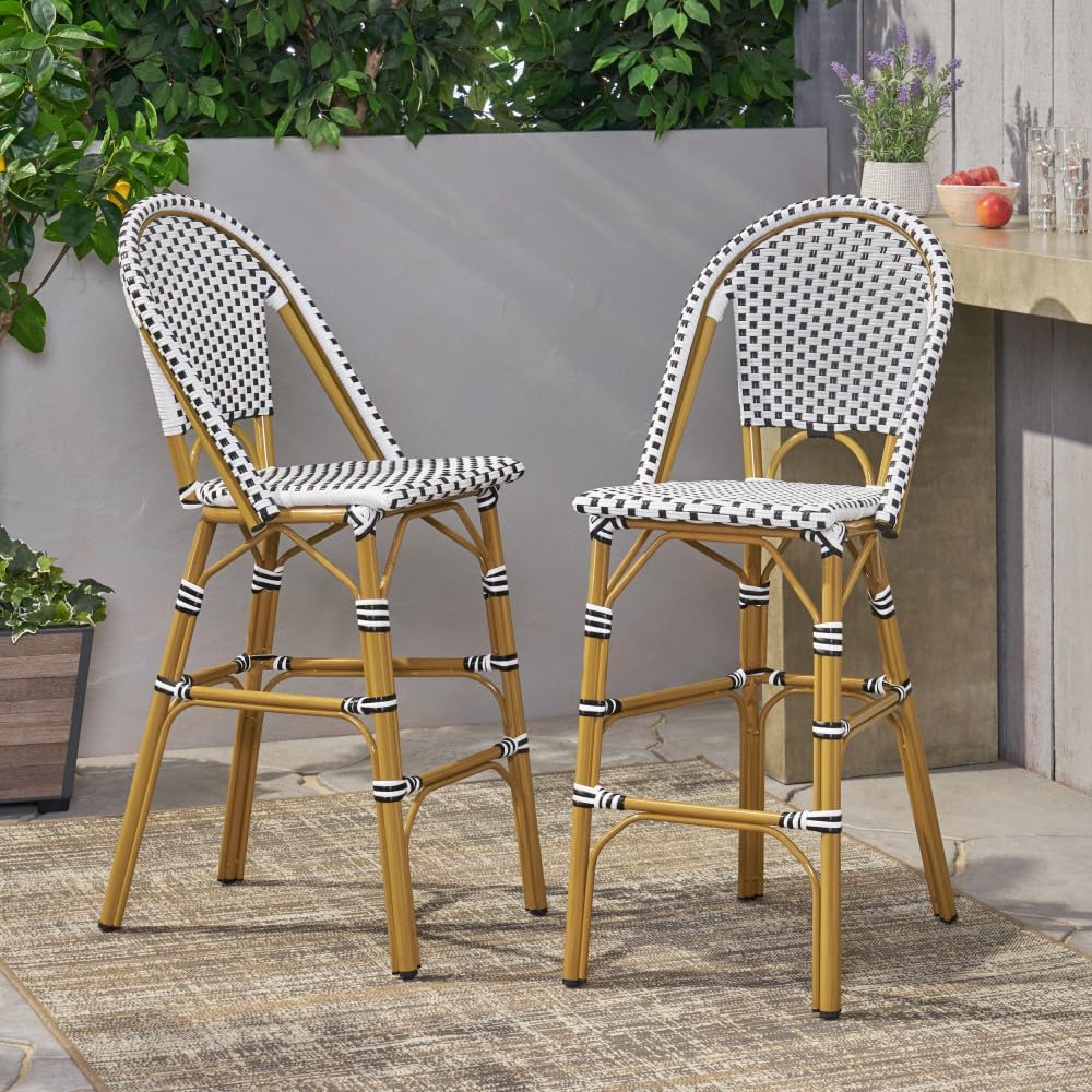 Saiveina 29.5" Outdoor PE Rattan French Barstool, White and Black, Alumi...