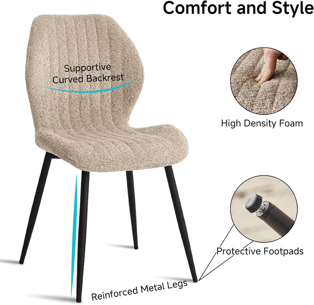 Modern Minimalist Dining Chairs Set of 4, Boucle Fabric, Brown | Thick High-D...