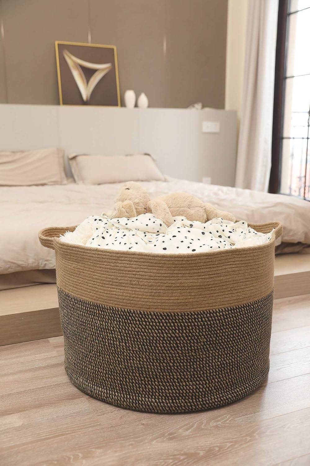24x24x17 Inch Extra Large Round Blanket Basket for Living Room, Open Woven Cotton Rope Storage Basket, Jumbo Bin for Bedroom Playroom, Jute & Black Mix