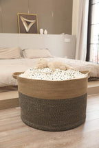 24x24x17 Inch Extra Large Round Blanket Basket for Living Room, Open Woven Cotton Rope Storage Basket, Jumbo Bin for Bedroom Playroom, Jute & Black Mix
