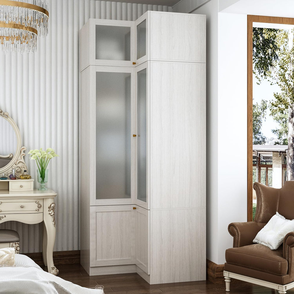 MOUMON Tall Corner Wardrobe, L-Shaped Modern Bedroom Armoires with Frosted Gl...