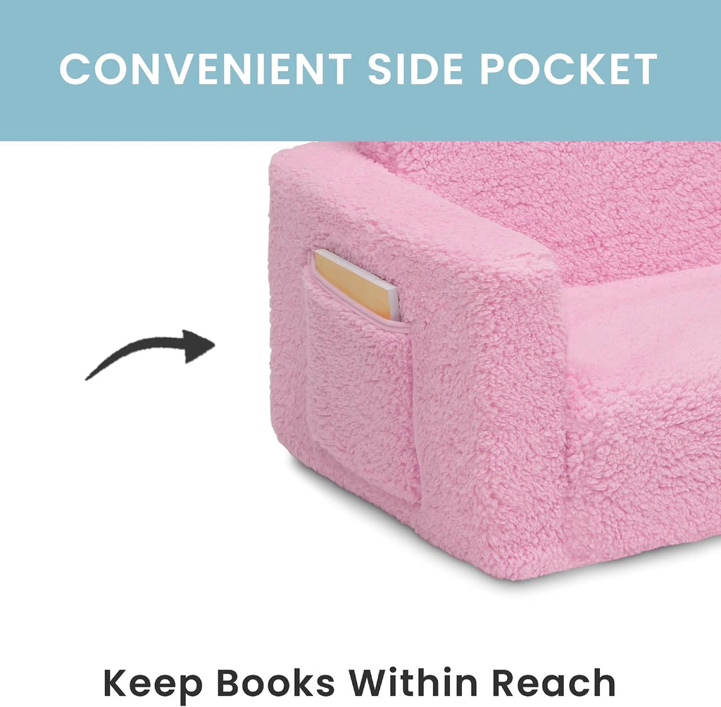 Delta Children Cozee Flip-Out Sherpa 2-in-1 Convertible Chair to Lounger for Kids, Pink