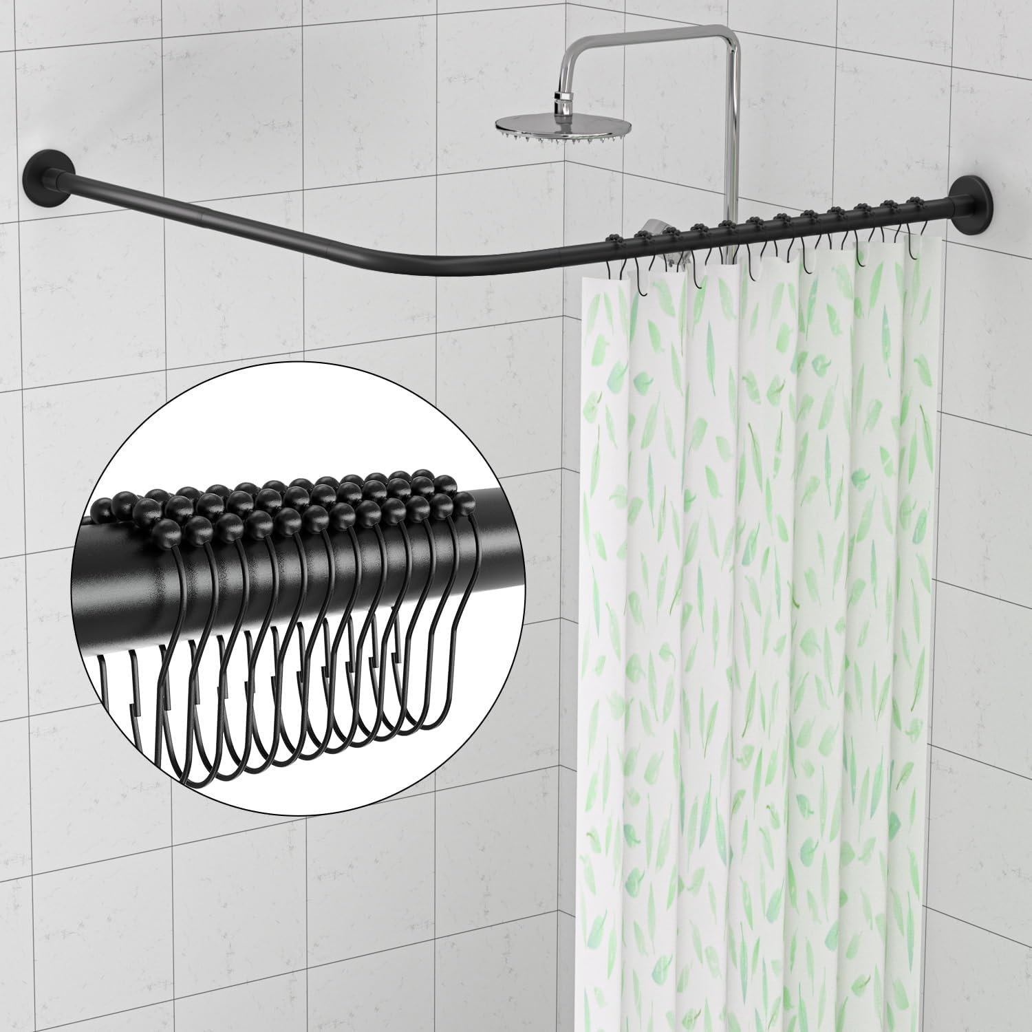 L-Shaped Corner Shower Curtain Rod, 「Black 24"-53" x 24"-53"」 Adjustable, Unsagging, Drill-free Install,304 Stainless steel 90°Curved Rod, Max Size 24"-37" x 55.1 "-69" with 12 Hooks