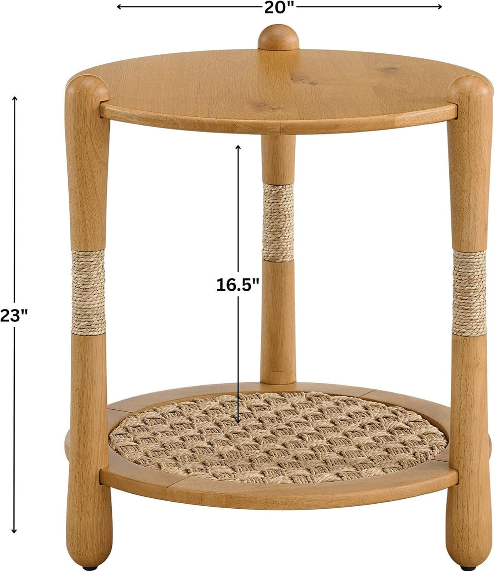 Harbor Oak 20" Round Oak Wood End Table with Seagrass Accents and Shelf ...